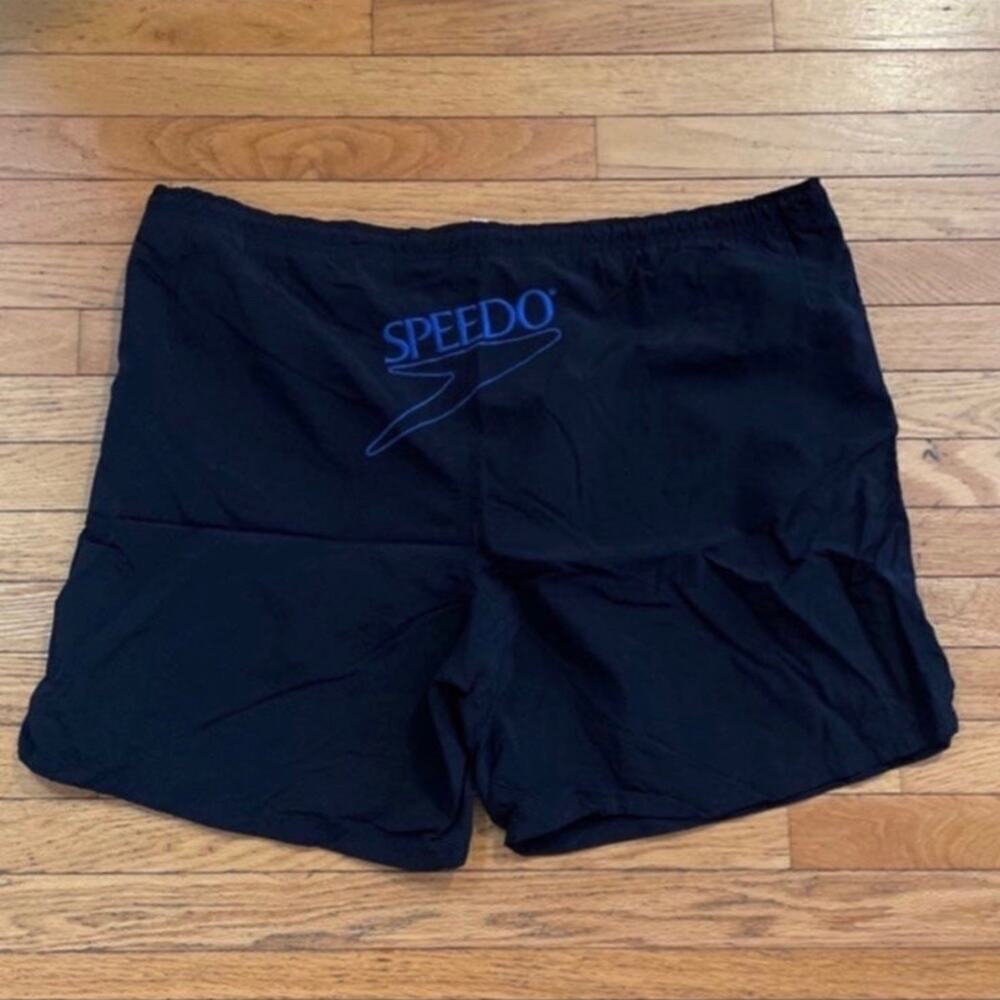 Mens Size XXL Vintage Speedo Swim Trunks 2x Black with blue letters 100% nylon